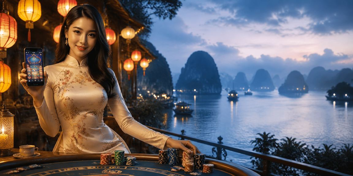 Người dùng truy cập casino trên điện thoại trong đêm lồng đèn Hội An
